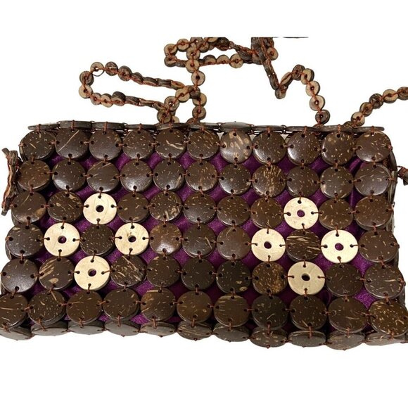 Vintage Handcrafted Daisy Life Coconut Shell Beaded Bag With Floral Design & Zip - Picture 2 of 4